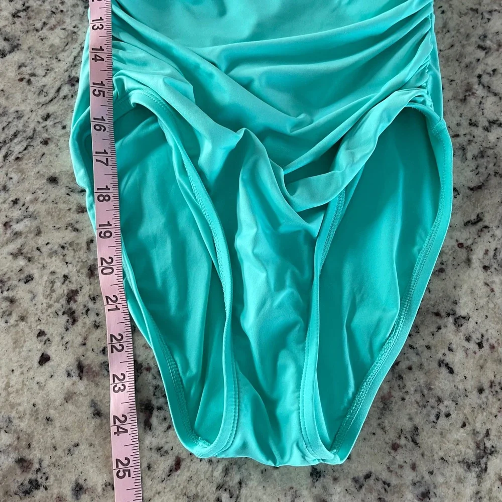 La Blanca One Piece Swimsuit Women 6 Teal‎ Ruffle Off Shoulder Ruched Lace Back